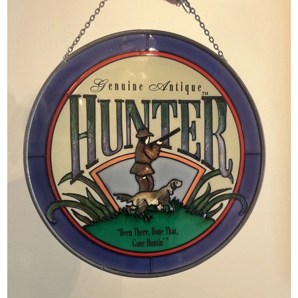 GENUINE ANTIQUE‎ HUNTER Stained Glass Round Wall Hanger Artist ANDE ROONEY